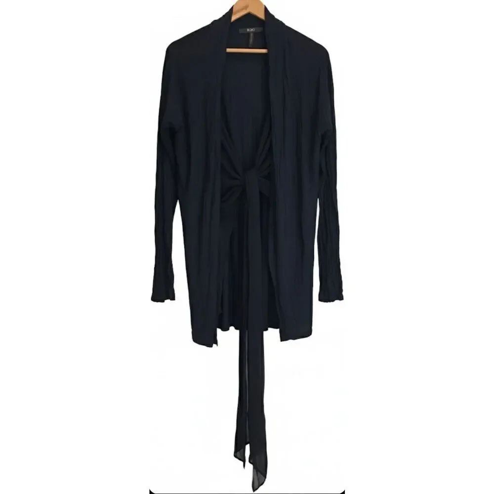 bcbg Paris womens large cardigan sweater soft lightweight black shawl tie boho